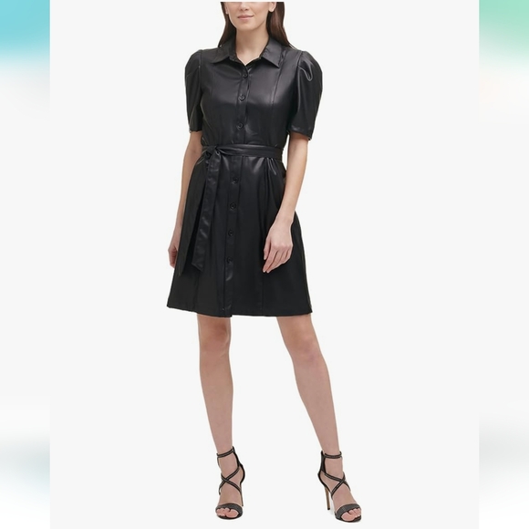 DKNY Black Faux Leather Mini Dress - Picture 1 of 10